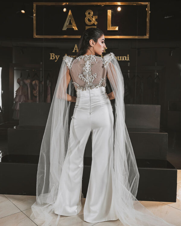 White Jumpsuit with Golden Flowers Embroidered Chest
