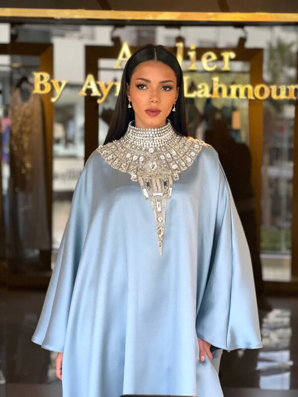 Cyan Abaya with Crystal Embroidery – A Vision of Sophistication & Grace