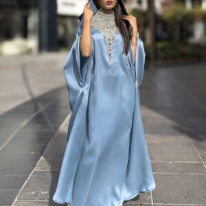 Cyan Taffeta Abaya with Crystal Embroidery – A Vision of Sophistication & Grace