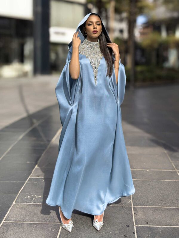 Cyan Taffeta Abaya with Crystal Embroidery – A Vision of Sophistication & Grace