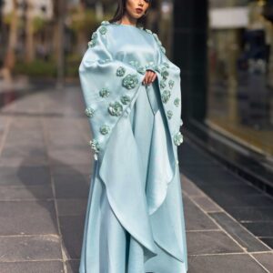 Cyan Abaya with Wide Flowered Sleeves.