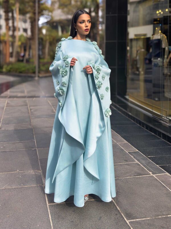 Cyan Abaya with Wide Flowered Sleeves.