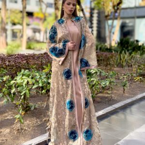 Light Brown Embroidered Kaftan with Blue Velvet Circles & Satin Abaya – A Harmony of Elegance & Artistry