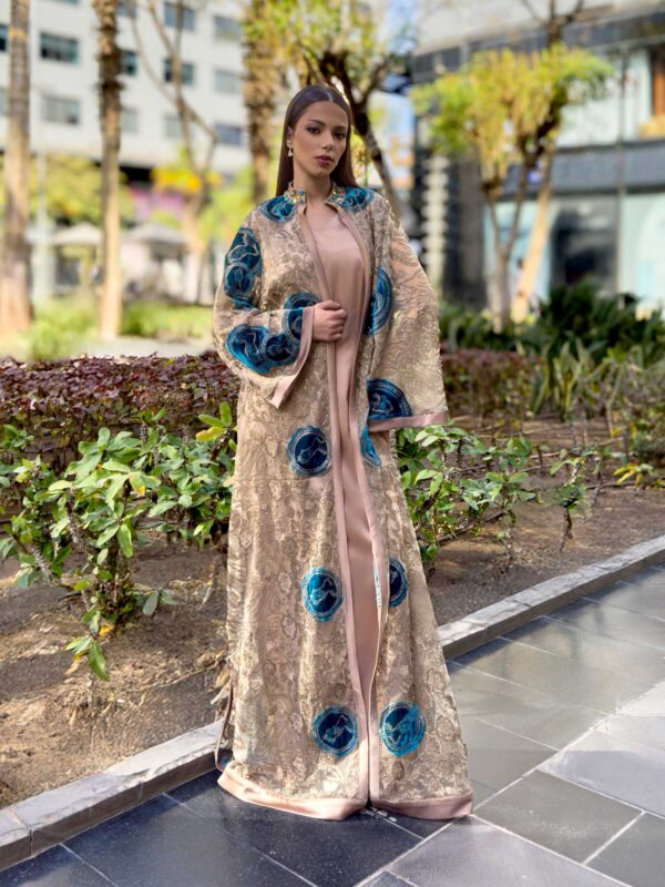 Light Brown Embroidered Kaftan with Blue Velvet Circles & Satin Abaya – A Harmony of Elegance & Artistry