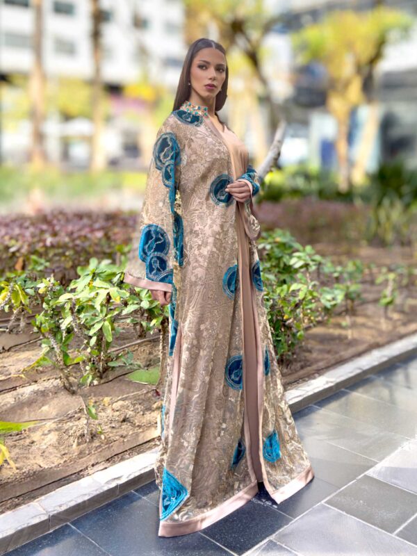 Light Brown Embroidered Kaftan with Blue Velvet Circles & Satin Abaya – A Harmony of Elegance & Artistry