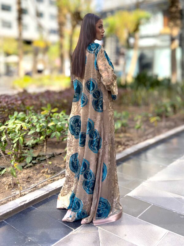 Light Brown Embroidered Kaftan with Blue Velvet Circles & Satin Abaya – A Harmony of Elegance & Artistry