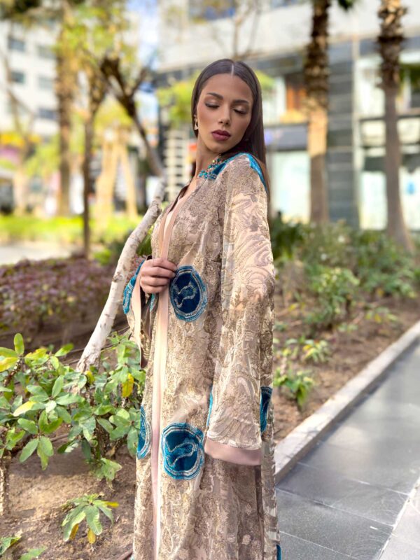 Light Brown Embroidered Kaftan with Blue Velvet Circles & Satin Abaya – A Harmony of Elegance & Artistry