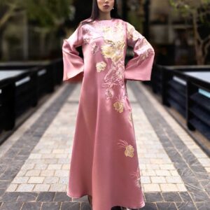 Pink Abaya Embellished with Yellow Flower