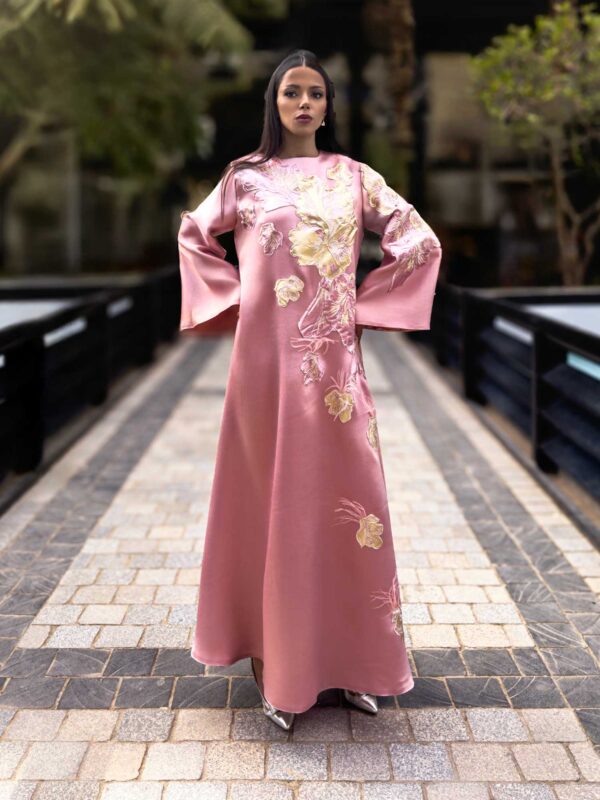 Pink Abaya Embellished with Yellow Flower