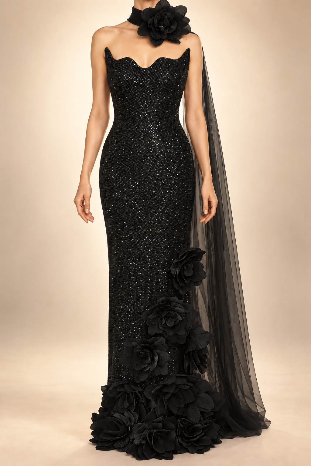 Black Crystal Beaded Strapless Couture Gown With a flower