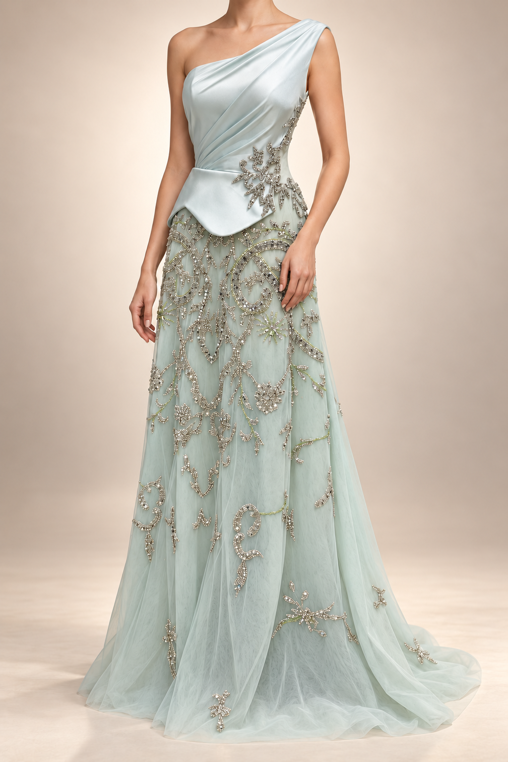 Icy-mint gown with silver crystal embroidery