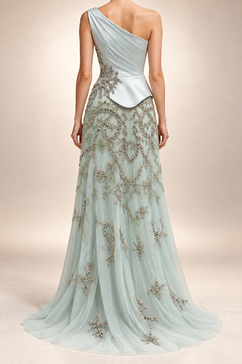 Icy-mint gown with silver crystal embroidery