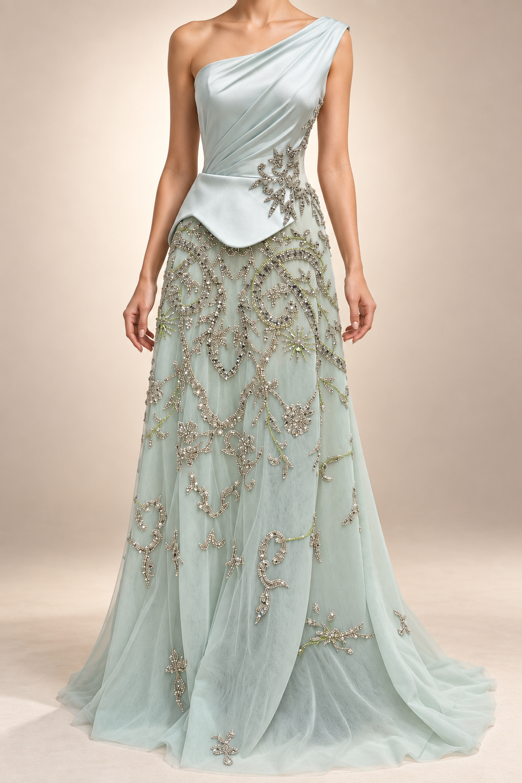 Icy-mint gown with silver crystal embroidery