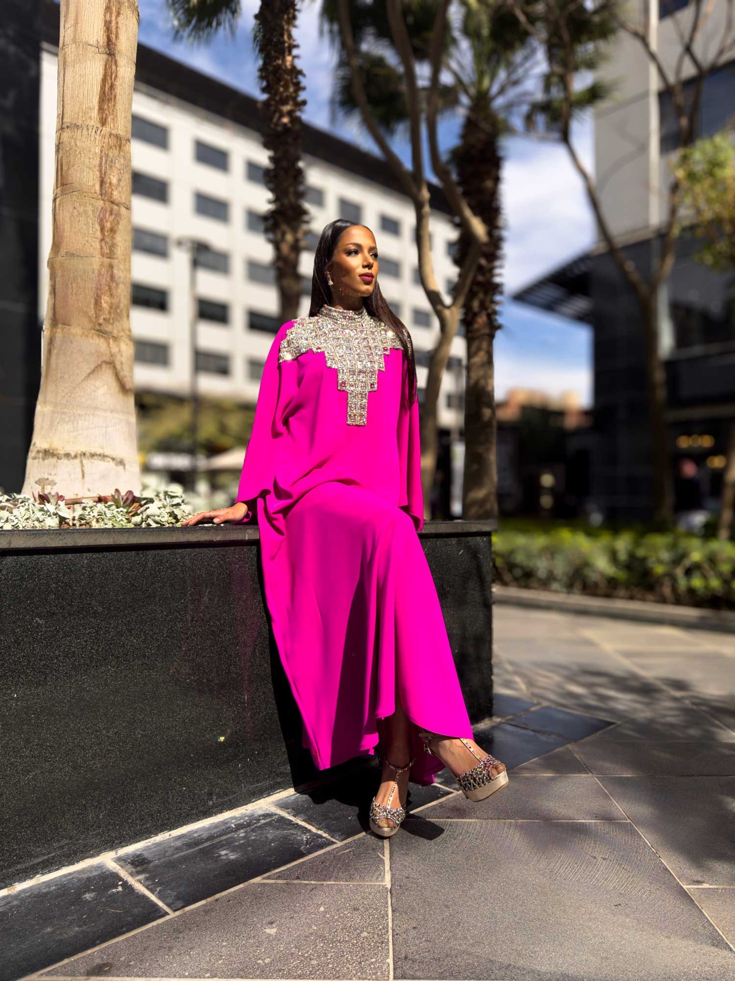 Fuchsia Satin Abaya with Crystal Embroidery