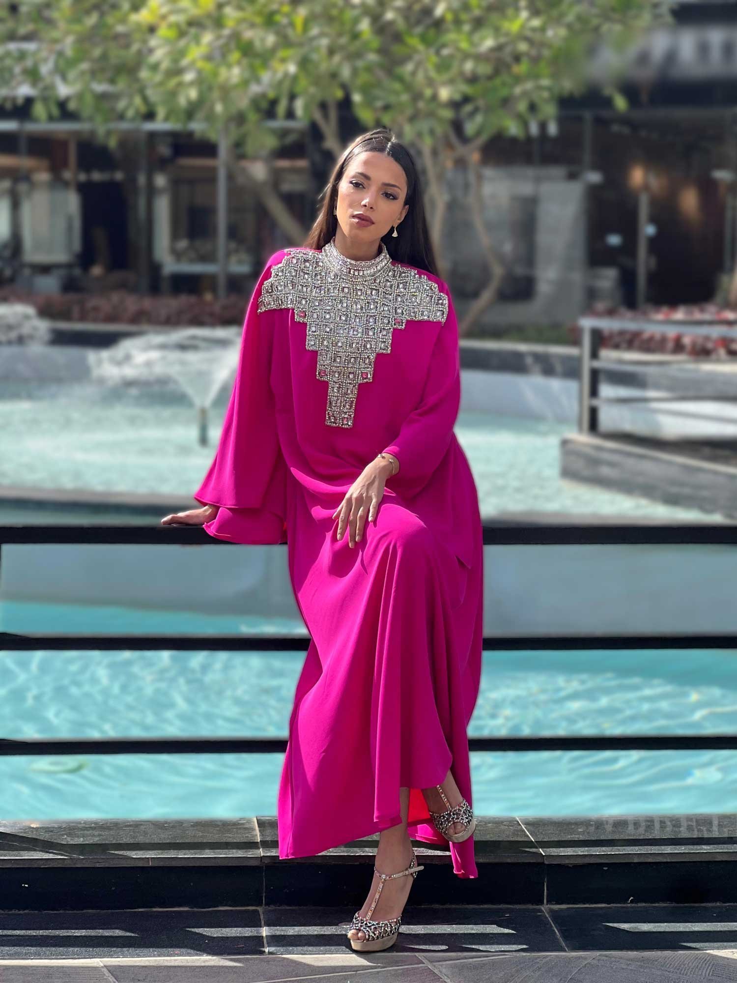 Fuchsia Satin Abaya with Crystal Embroidery - Image 3