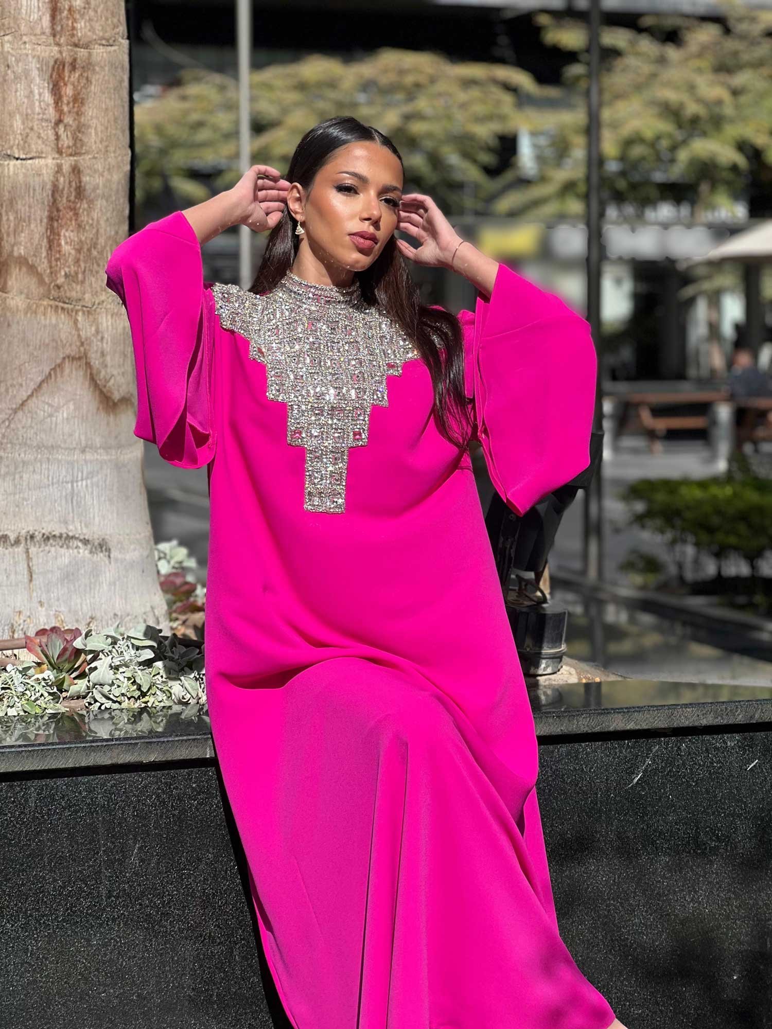 Fuchsia Satin Abaya with Crystal Embroidery - Image 4