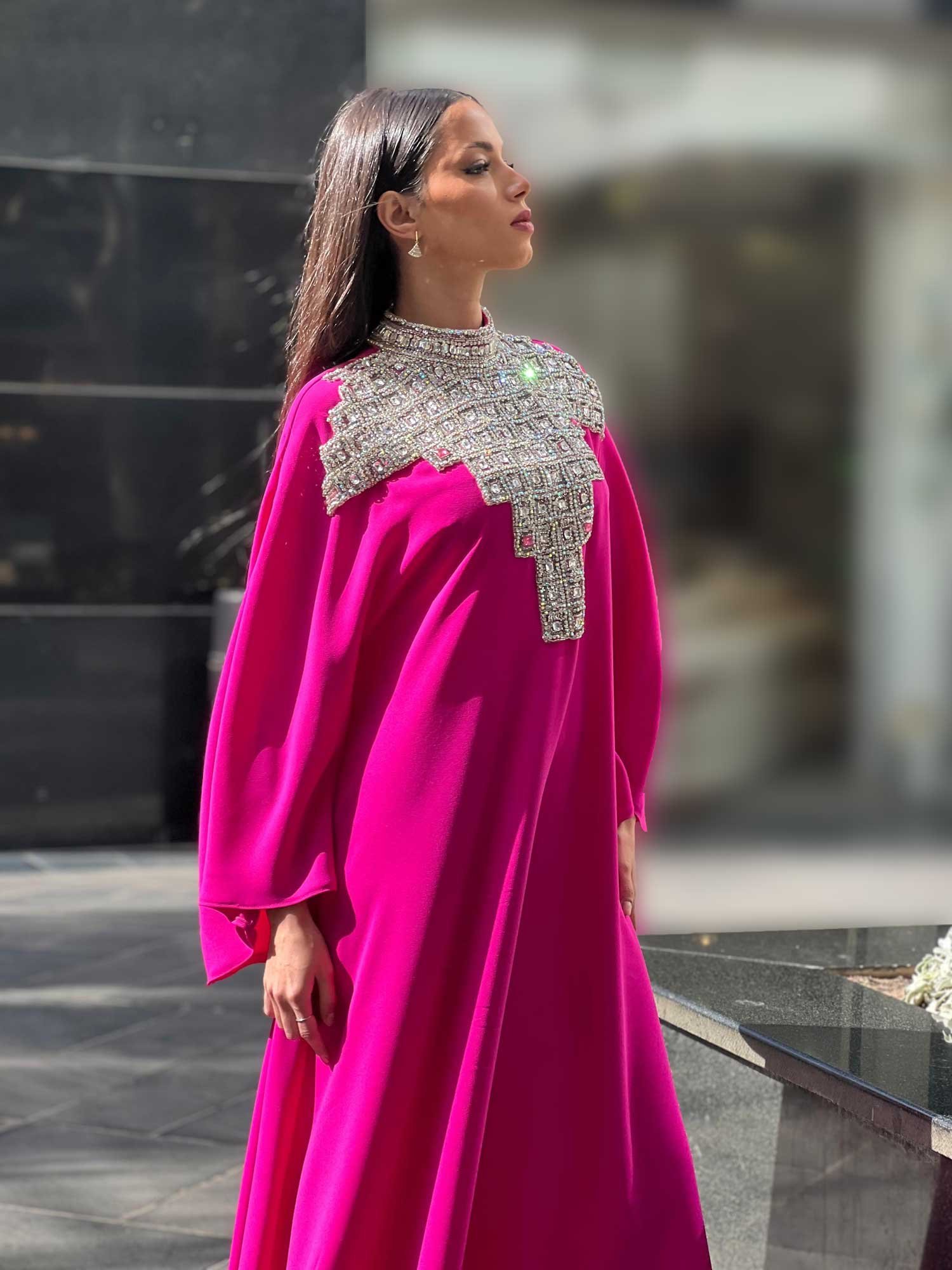 Fuchsia Satin Abaya with Crystal Embroidery - Image 2