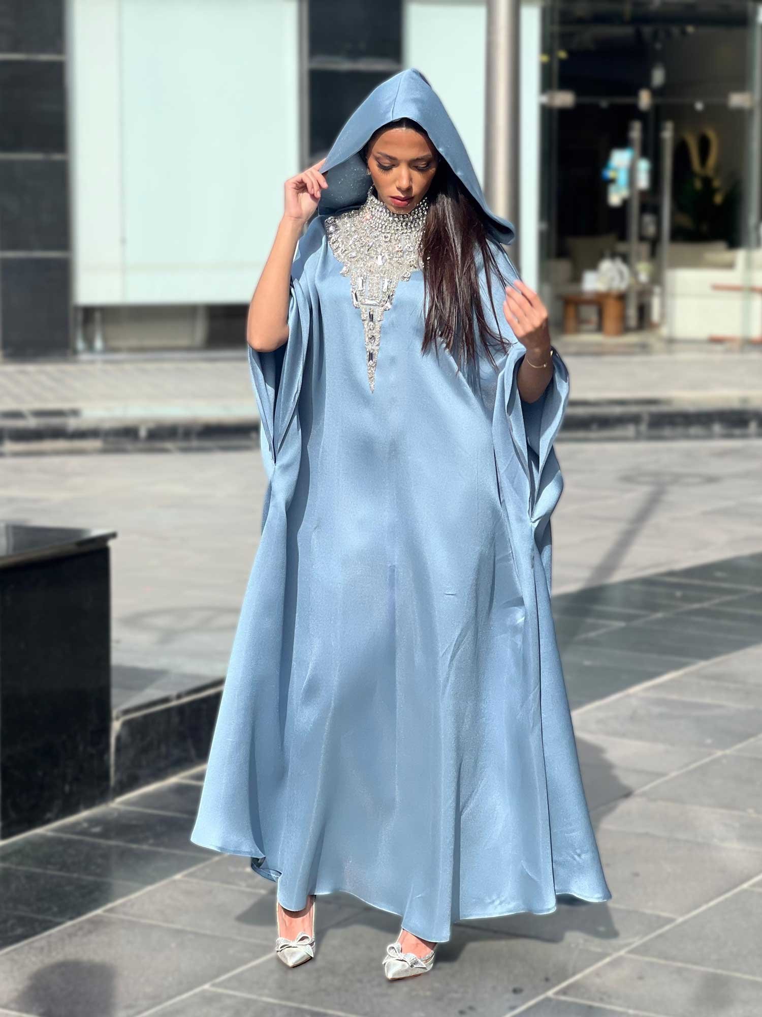 Cyan Abaya With Crystal Embroidery - Image 3