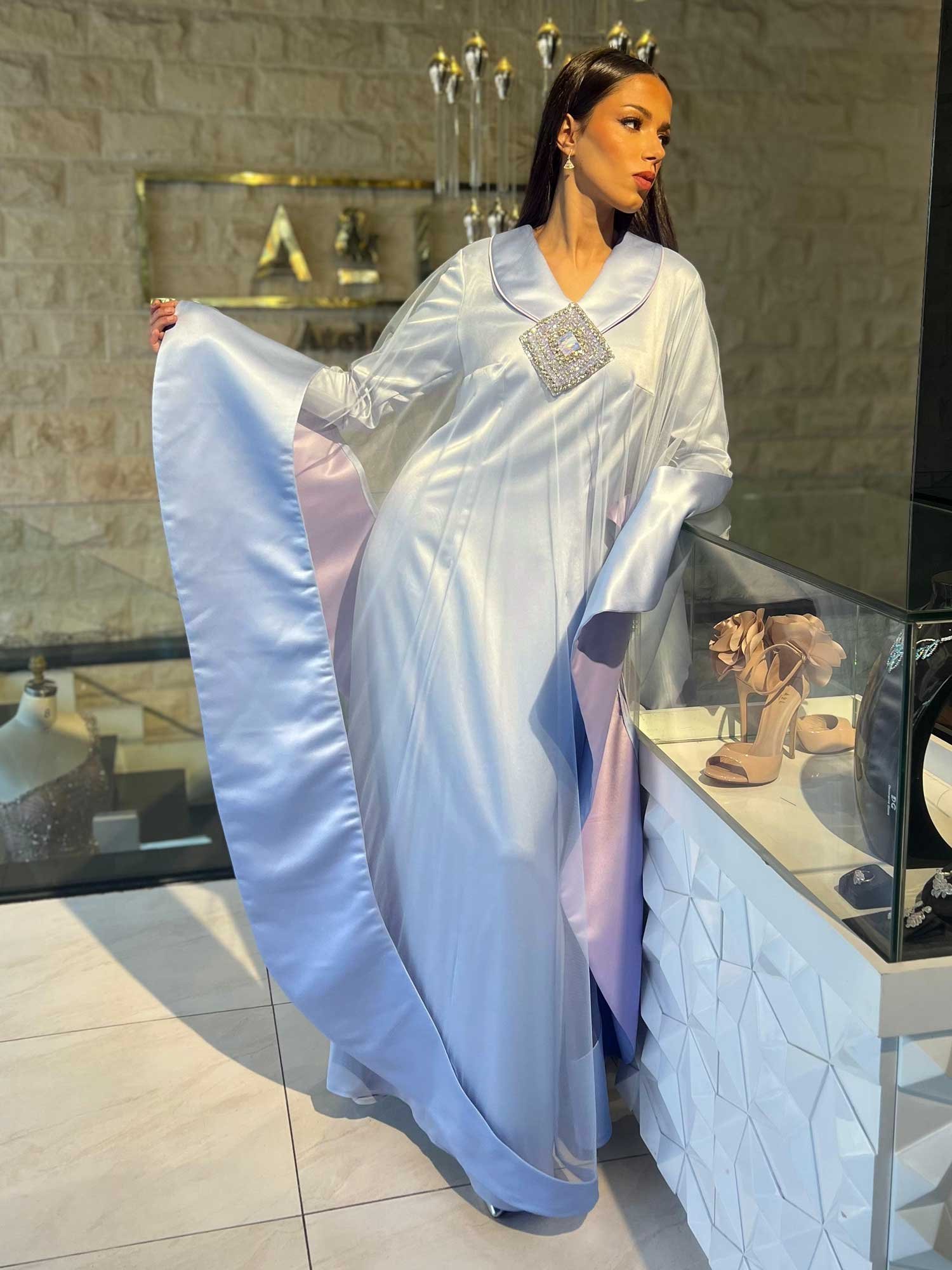 Embroidered Satin Abaya with Tulle Draping - Image 2