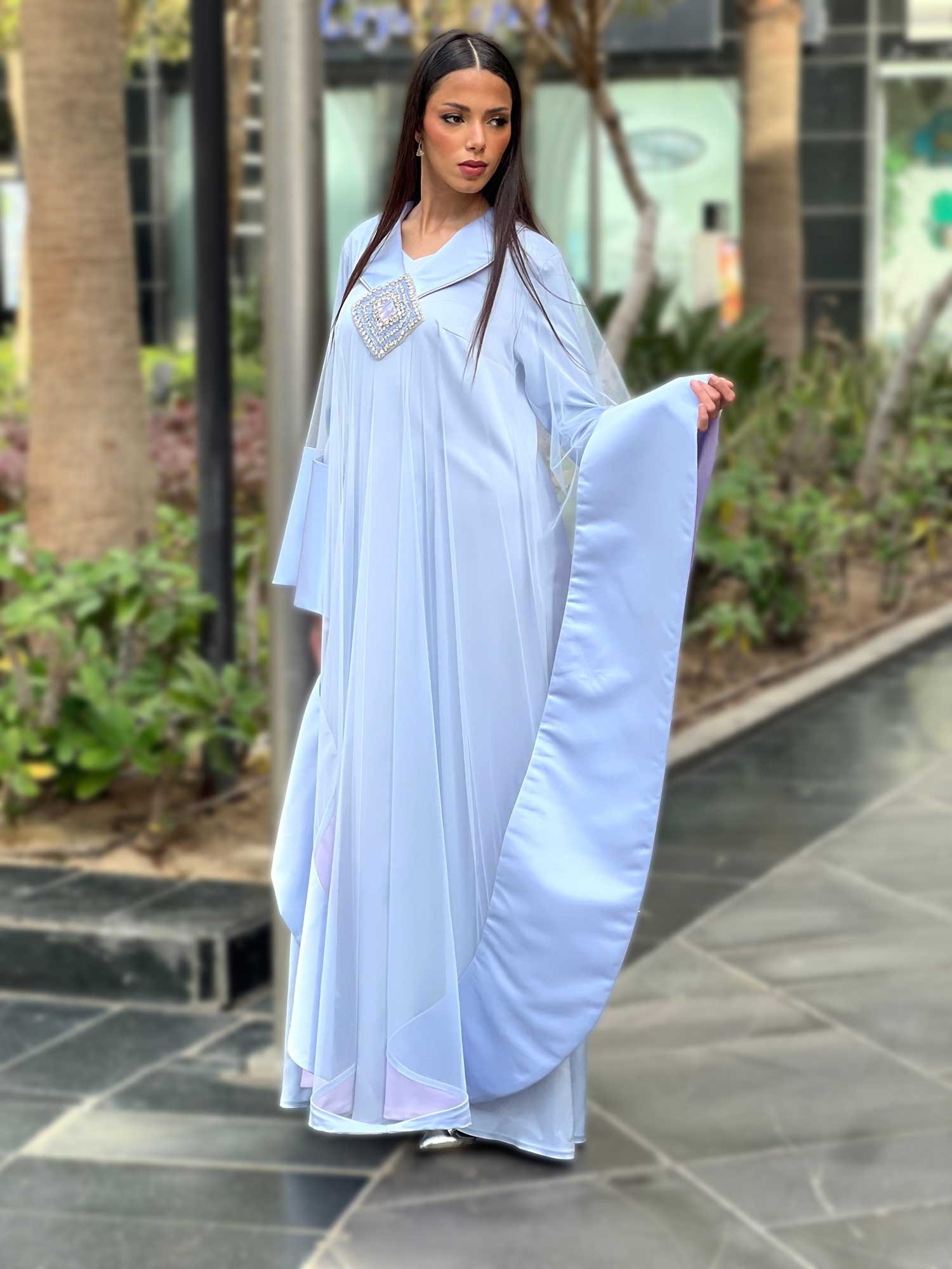 Embroidered Satin Abaya with Tulle Draping