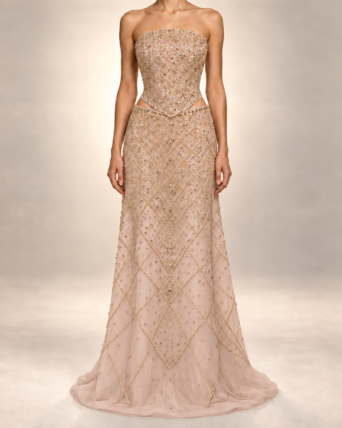 Blush-nude gown with champagne-gold beading