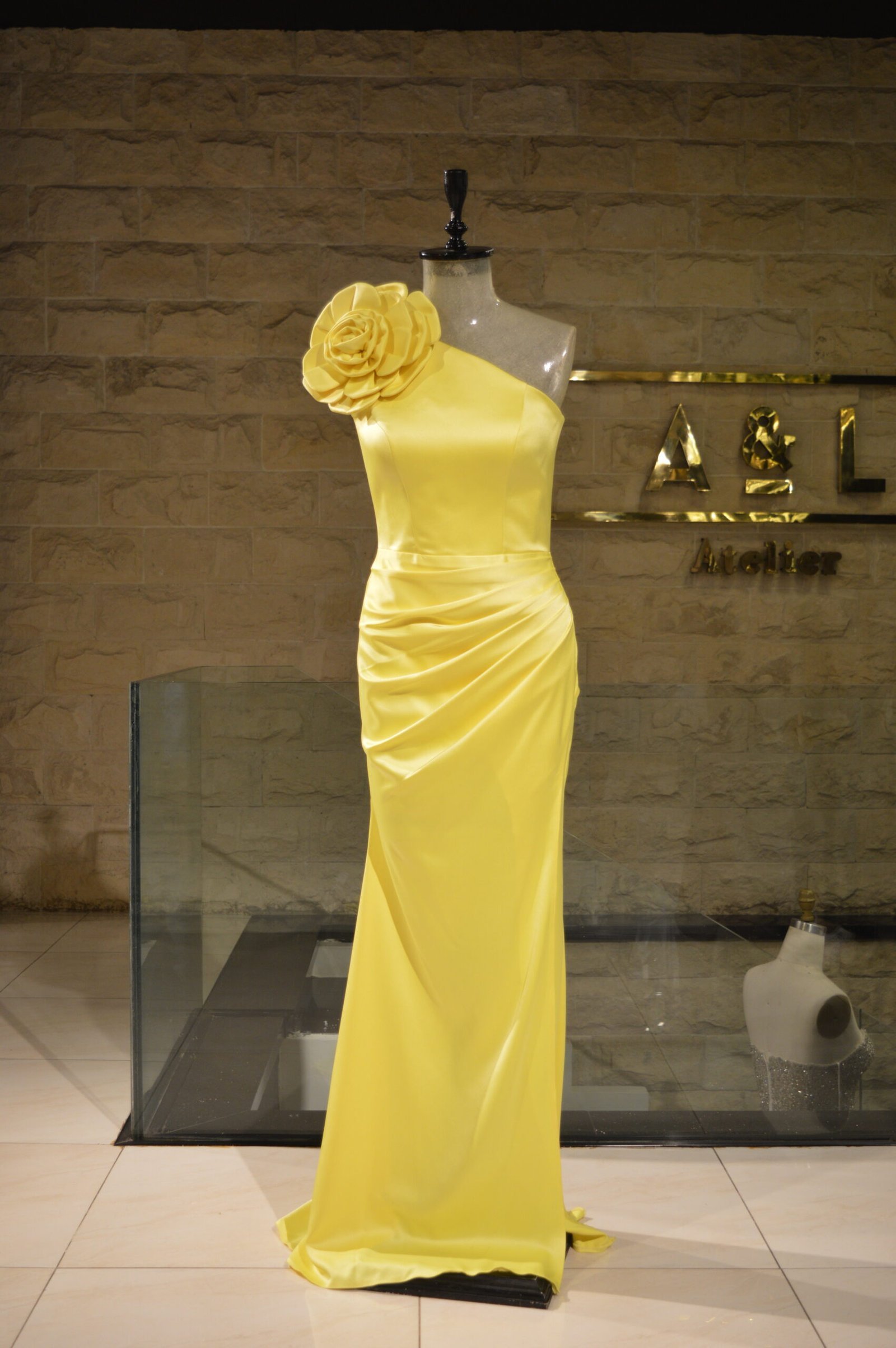 Simple Yellow One-Shoulder Dress with Floral Accent