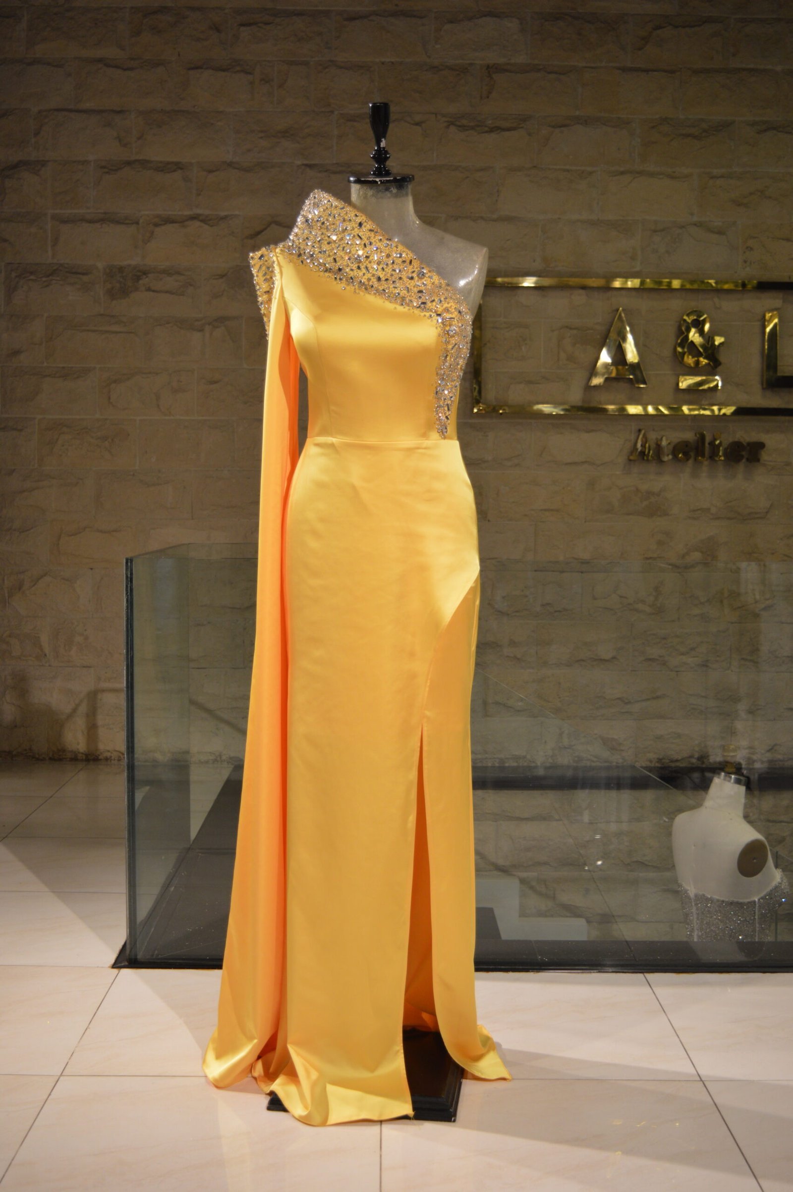 Beaded One-Shoulder Yellow Dress