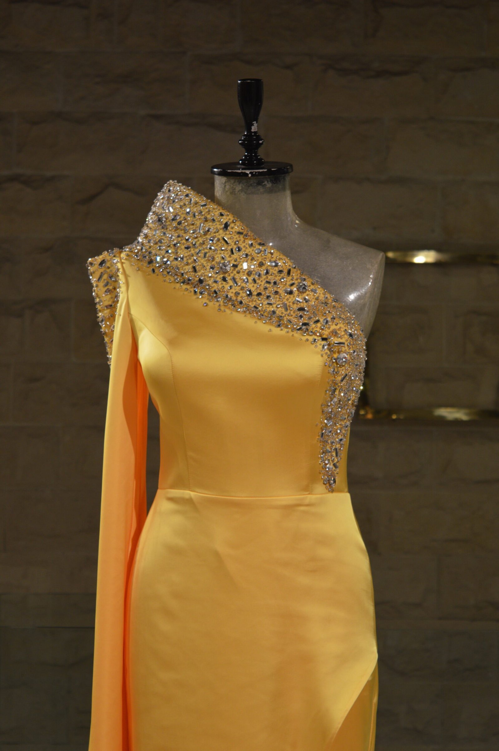 Beaded One-Shoulder Yellow Dress - Image 3