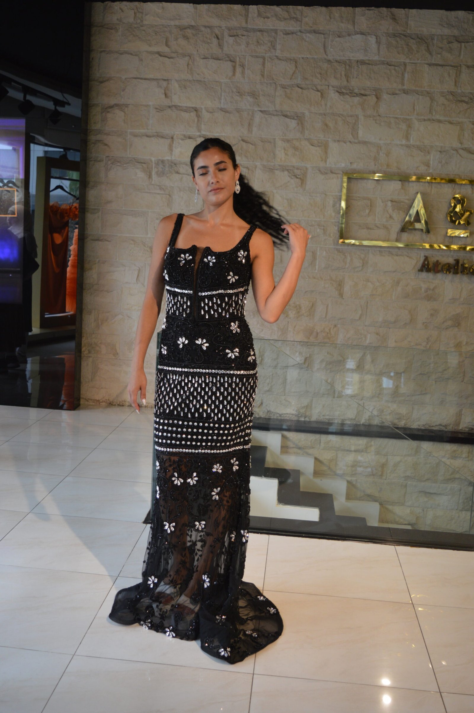 Sleeveless Handmade Beaded Black Dress - Image 2