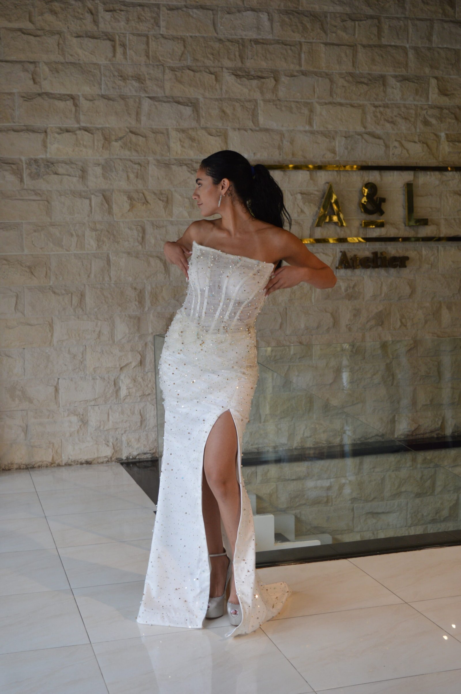 Beaded Strapless White Dress - Image 3