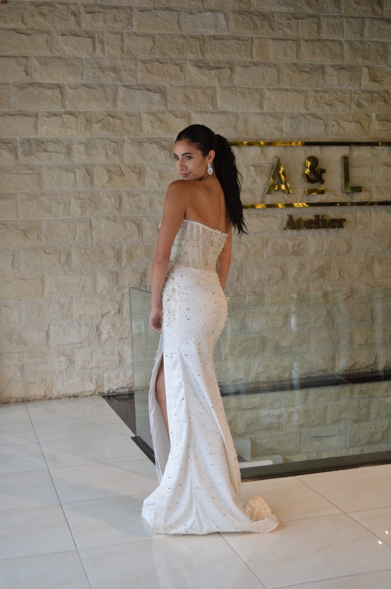 Beaded Strapless White Dress - Image 5
