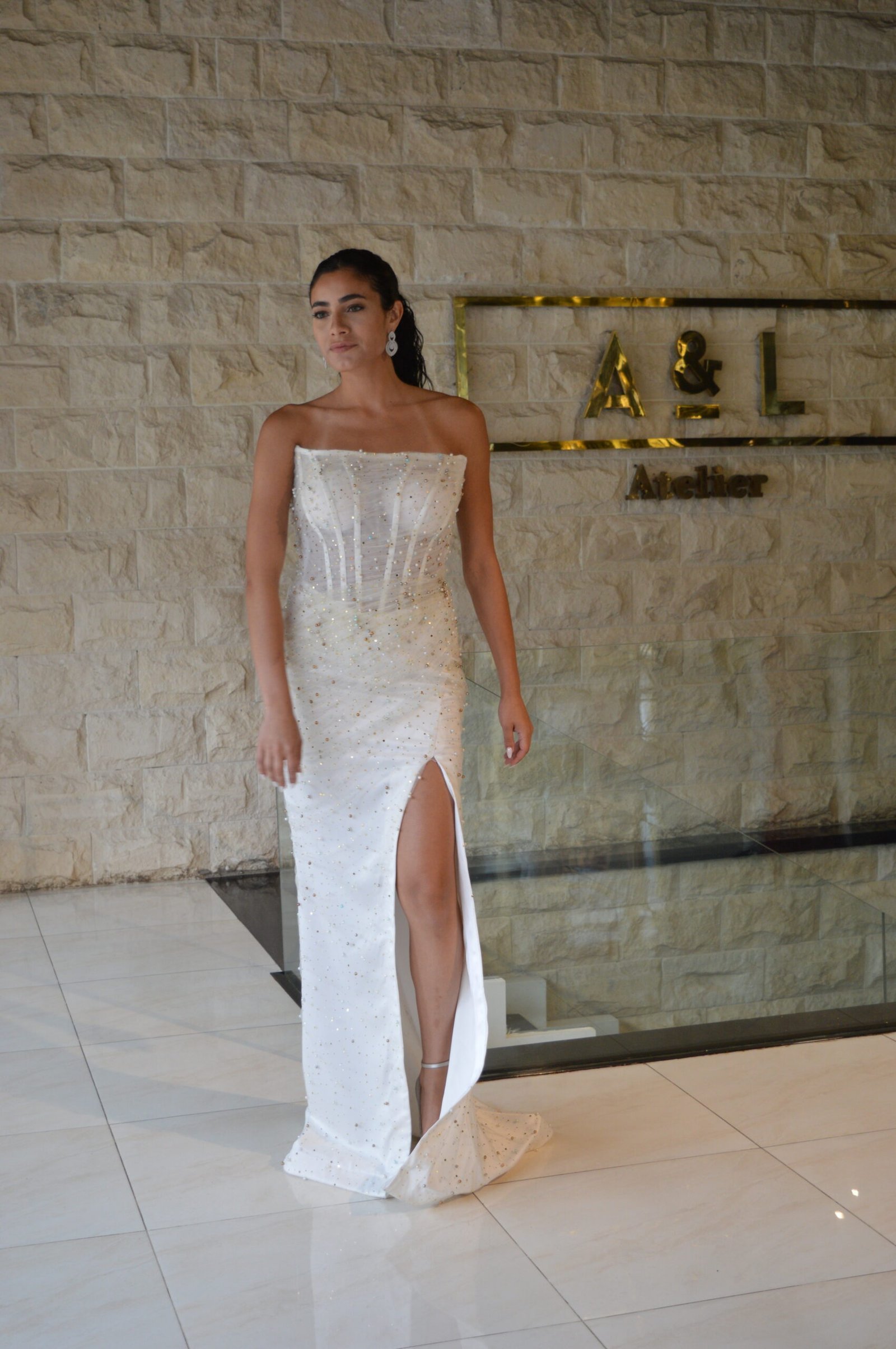 Beaded Strapless White Dress - Image 7