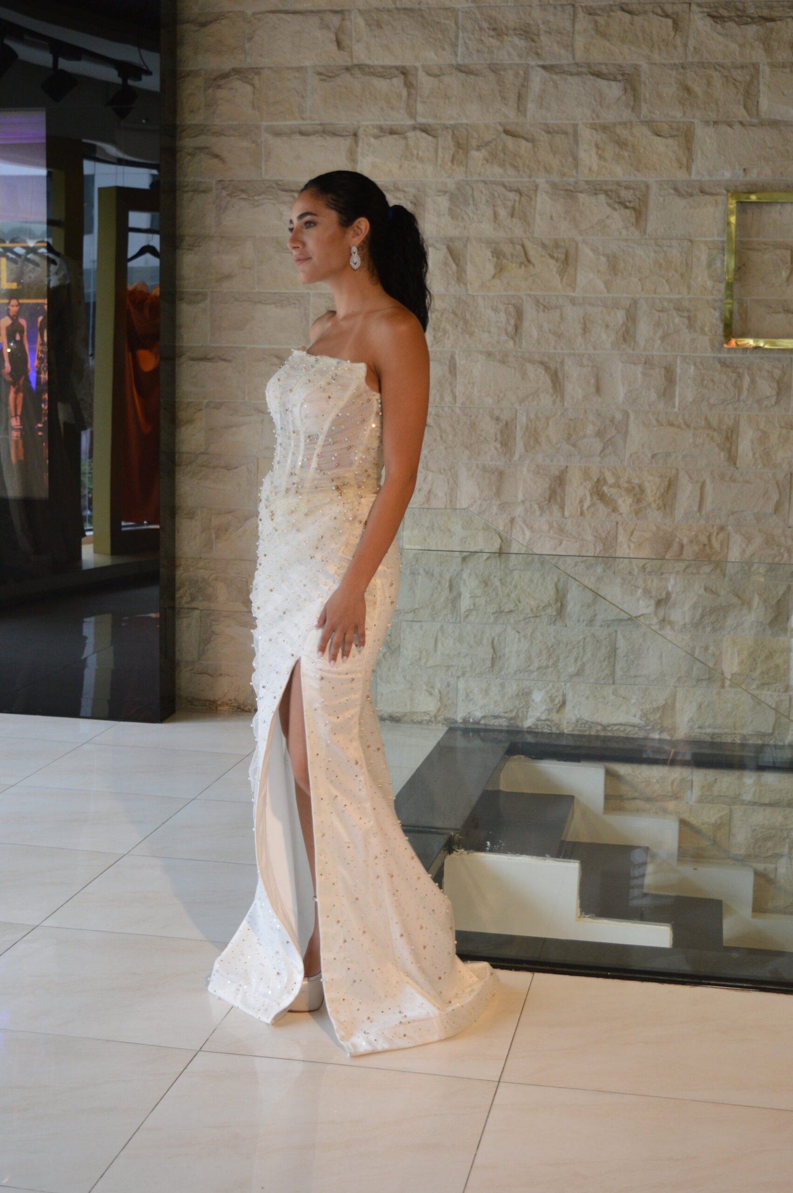 Beaded Strapless White Dress - Image 8