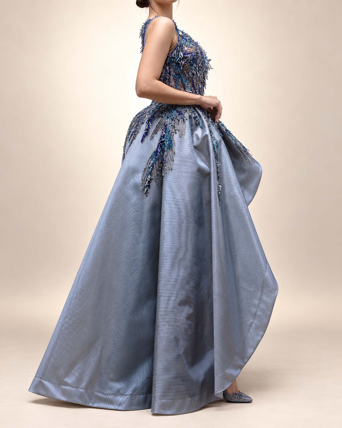 Embroidered Handmade Blue Dress With Tail - Image 5