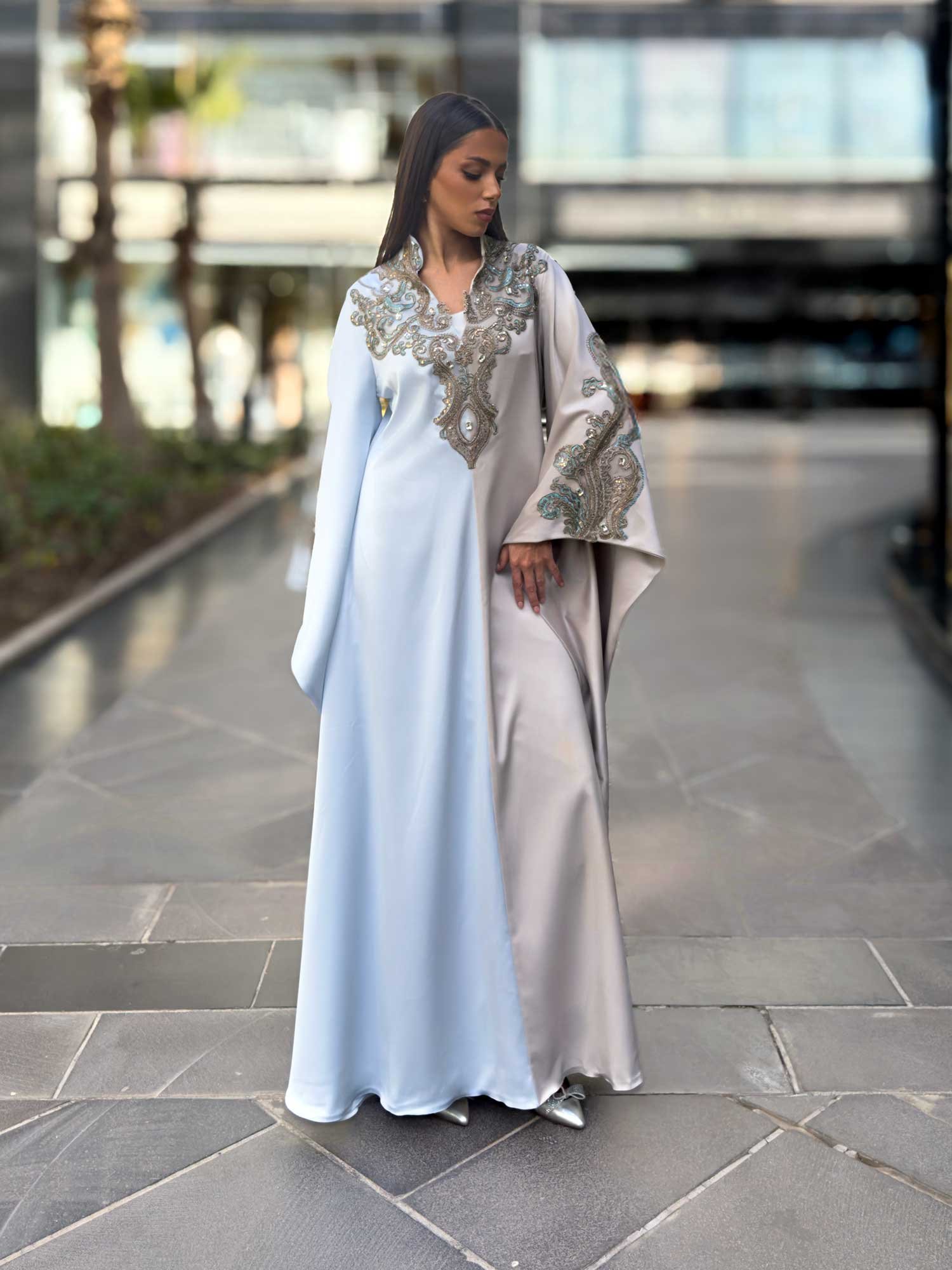 Embroidered Bi-Tone Wide-Sleeved Satin Abaya