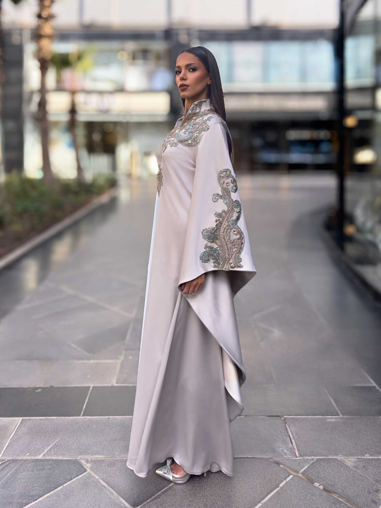Embroidered Bi-Tone Wide-Sleeved Satin Abaya - Image 5