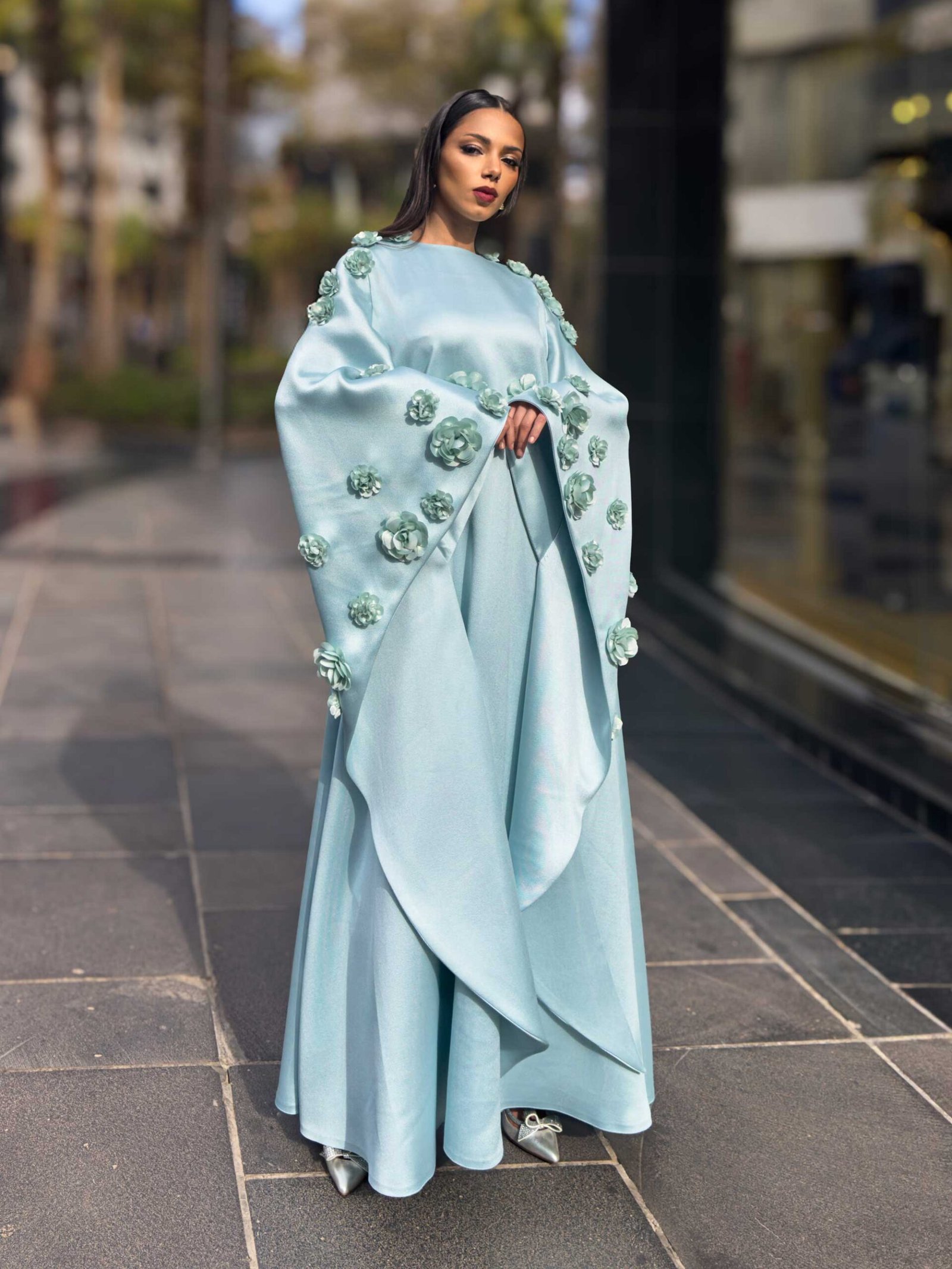 Cyan Abaya with Wide Flowered Sleeves
