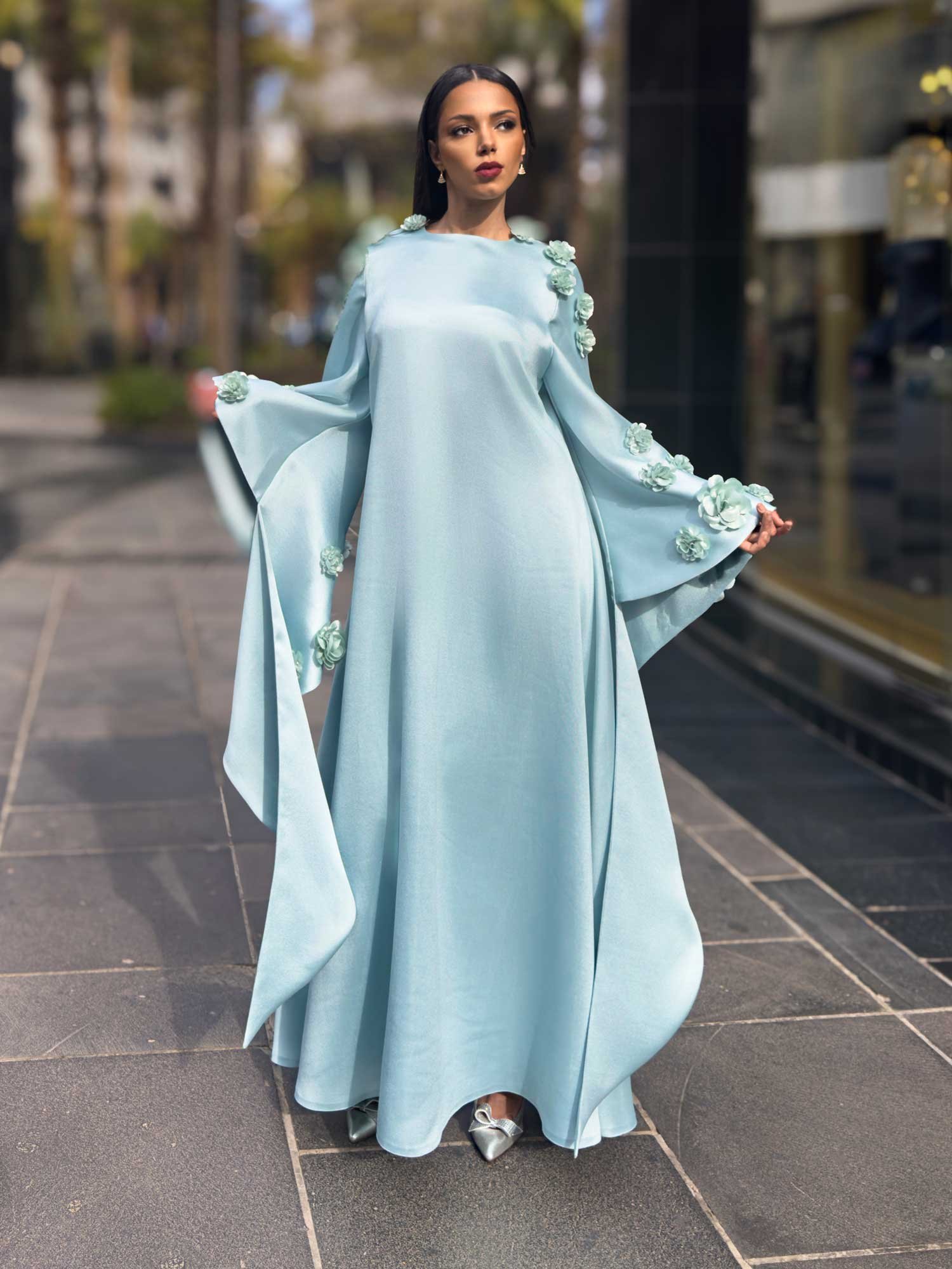Cyan Abaya with Wide Flowered Sleeves - Image 2