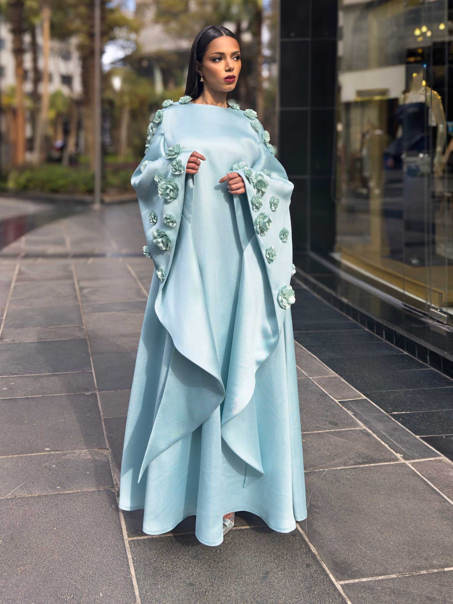 Cyan Abaya with Wide Flowered Sleeves - Image 3