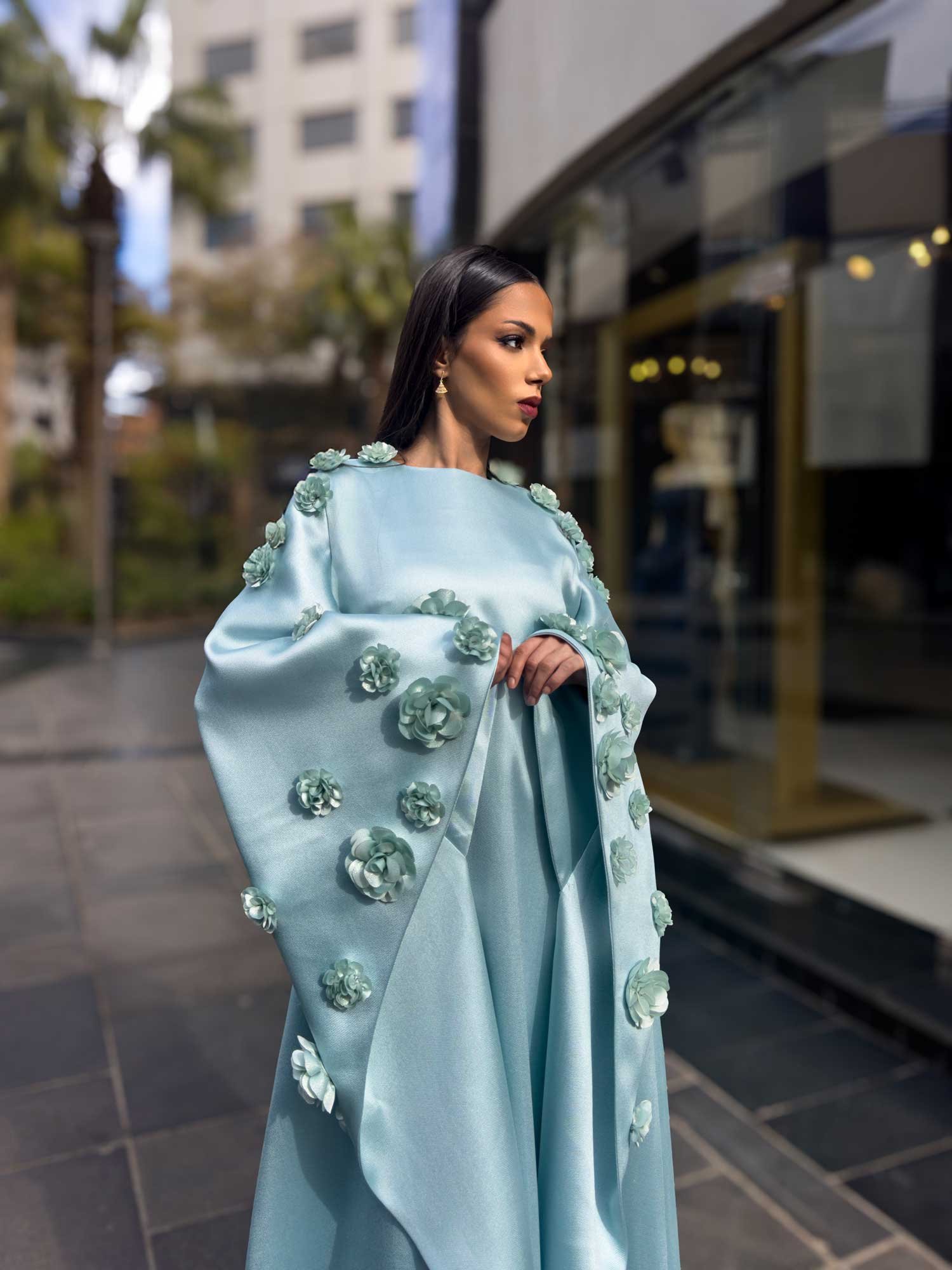 Cyan Abaya with Wide Flowered Sleeves - Image 4