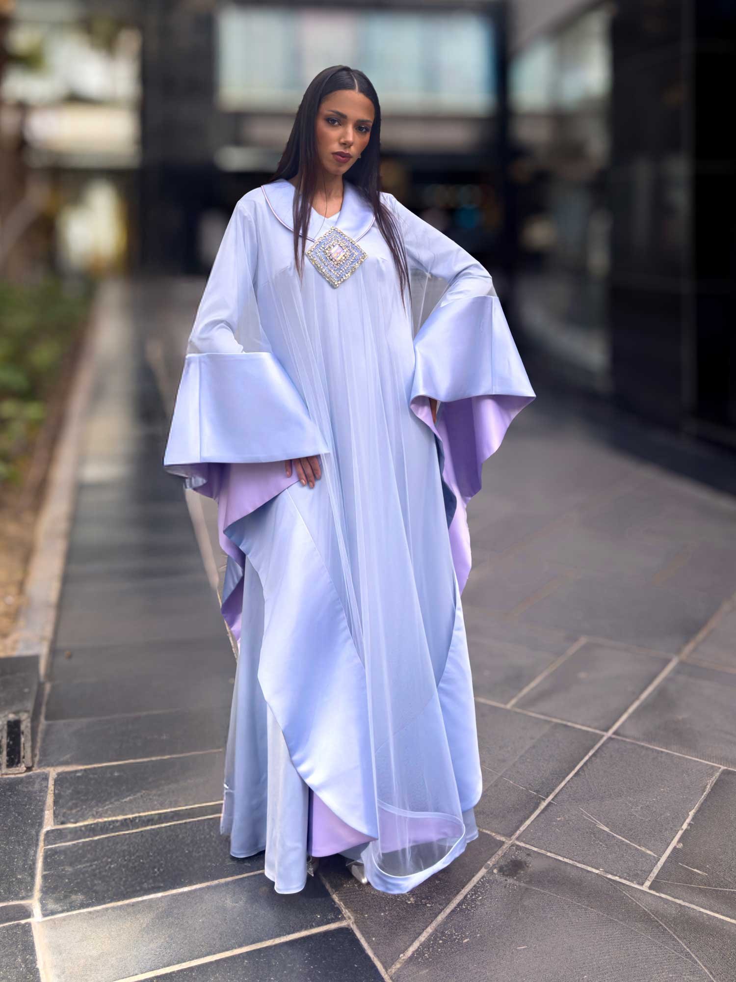 Embroidered Satin Abaya with Tulle Draping - Image 4