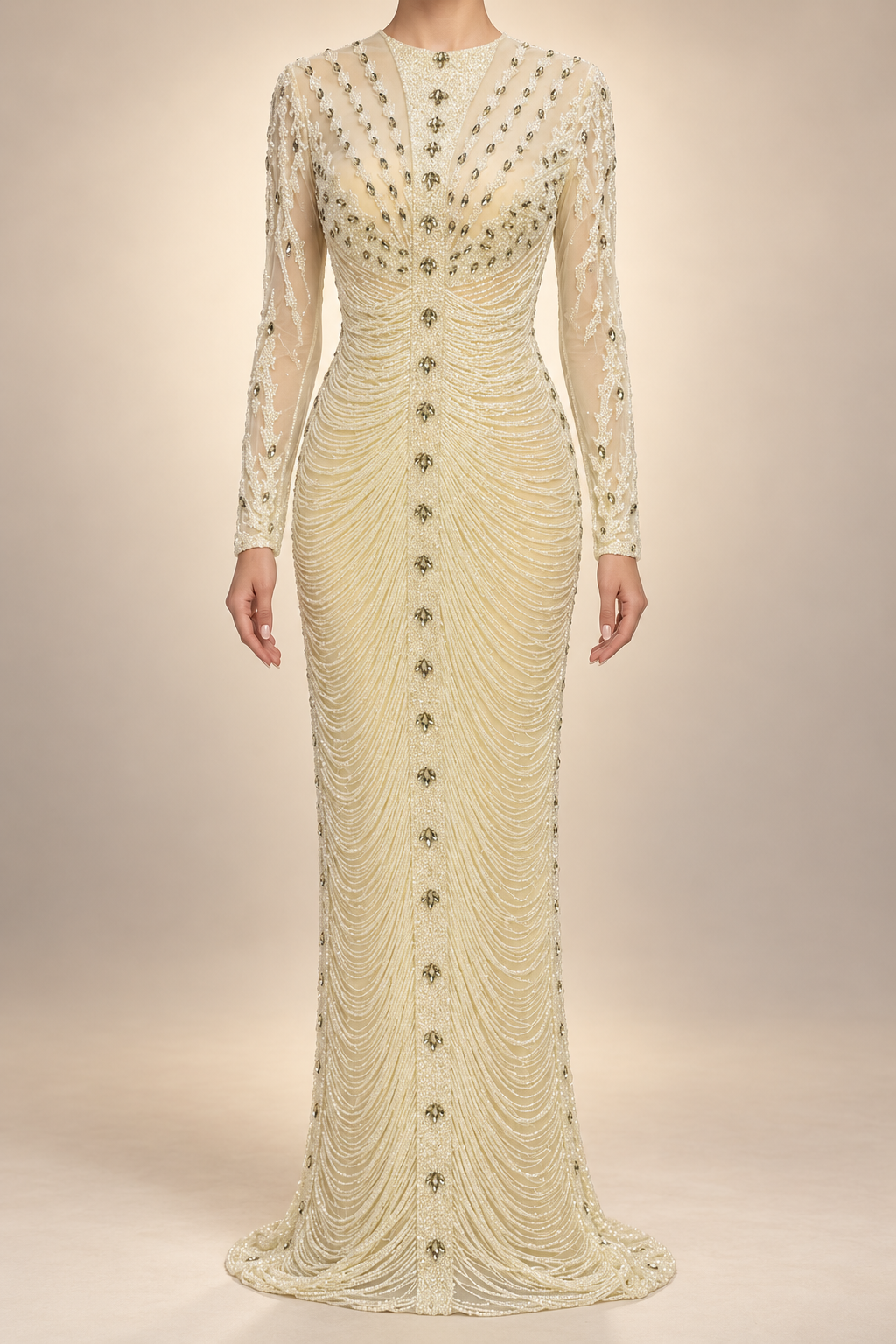 Beaded lemon-ivory couture column gown
