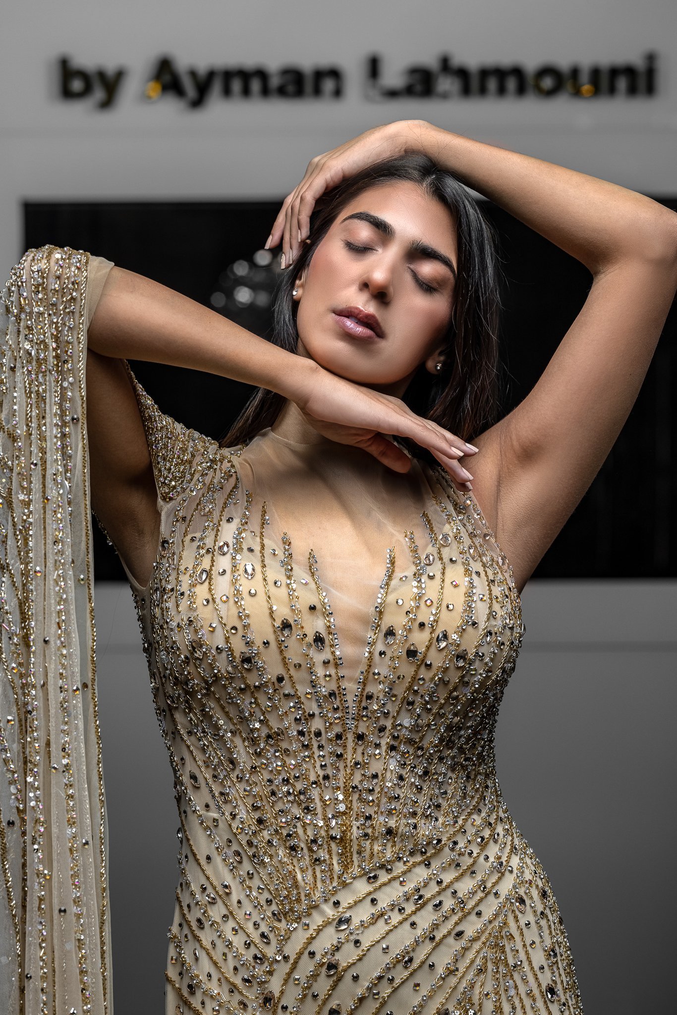 Embraided Handmade Beige Dress With Cape On Shoulder - Image 5