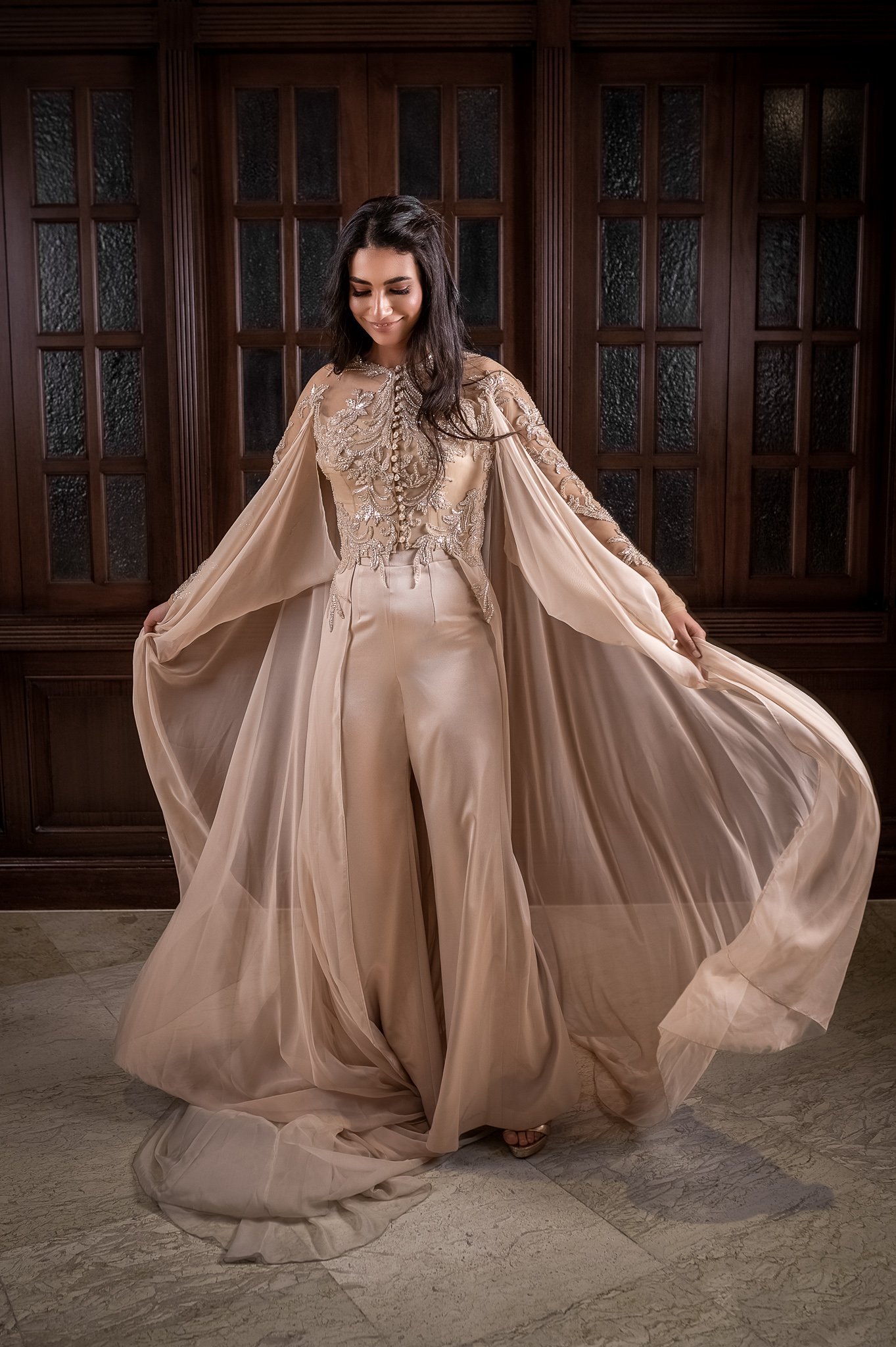 Beige Dress With Separable Cape - Image 4