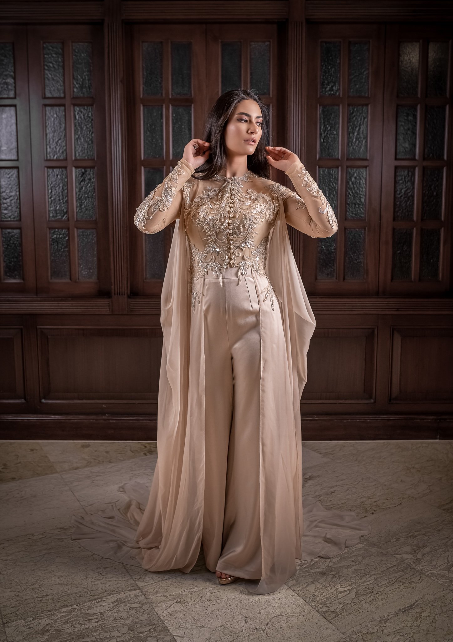 Beige Dress With Separable Cape - Image 2