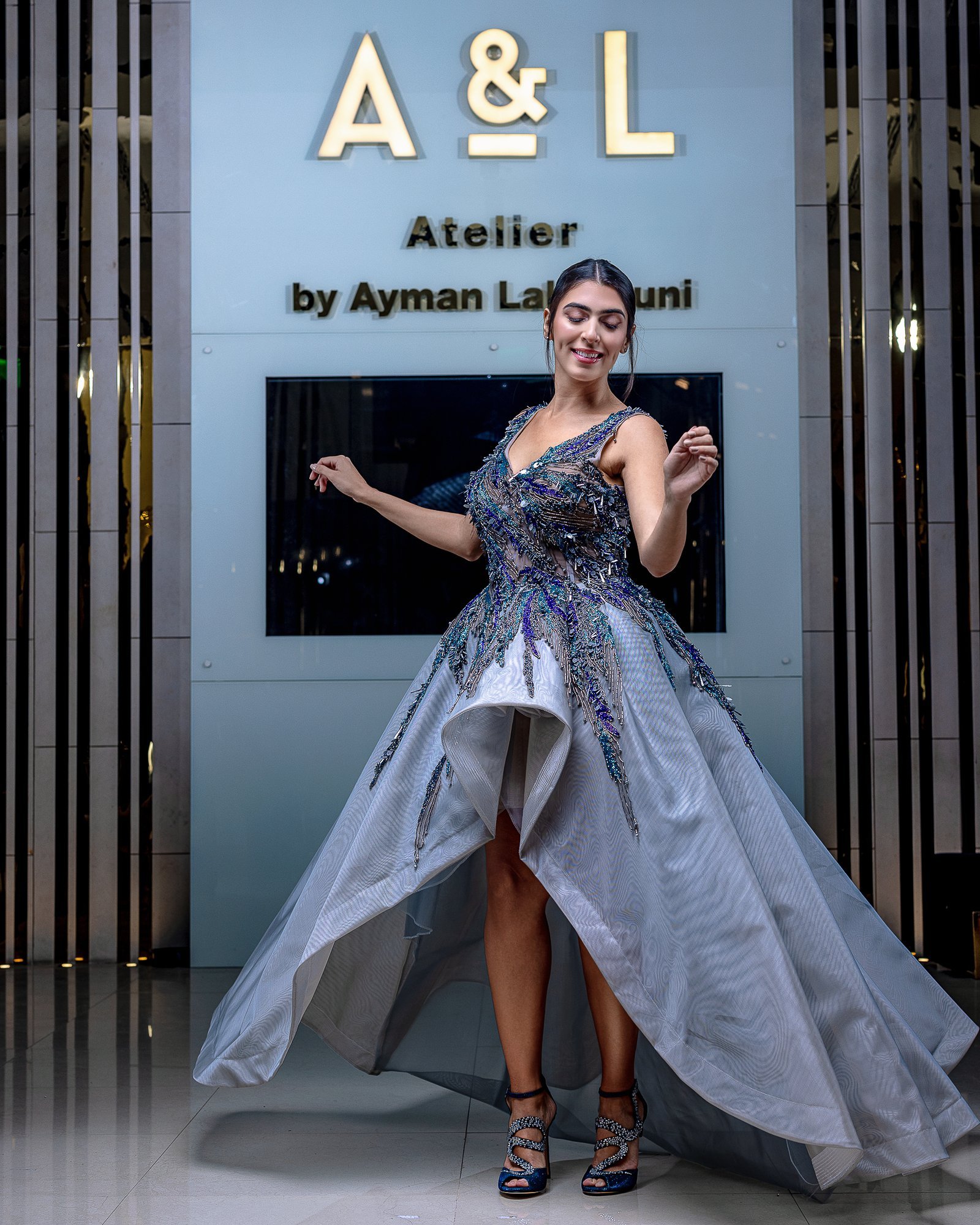 Embroidered Handmade Blue Dress With Tail - Image 3