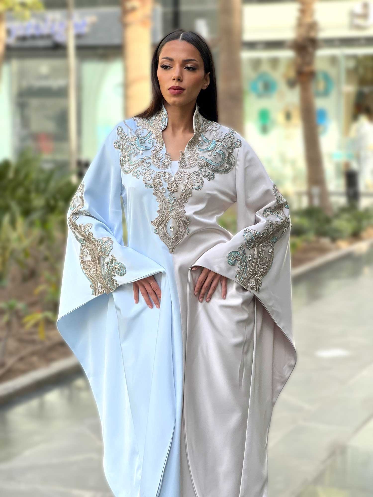 Embroidered Bi-Tone Wide-Sleeved Satin Abaya - Image 2
