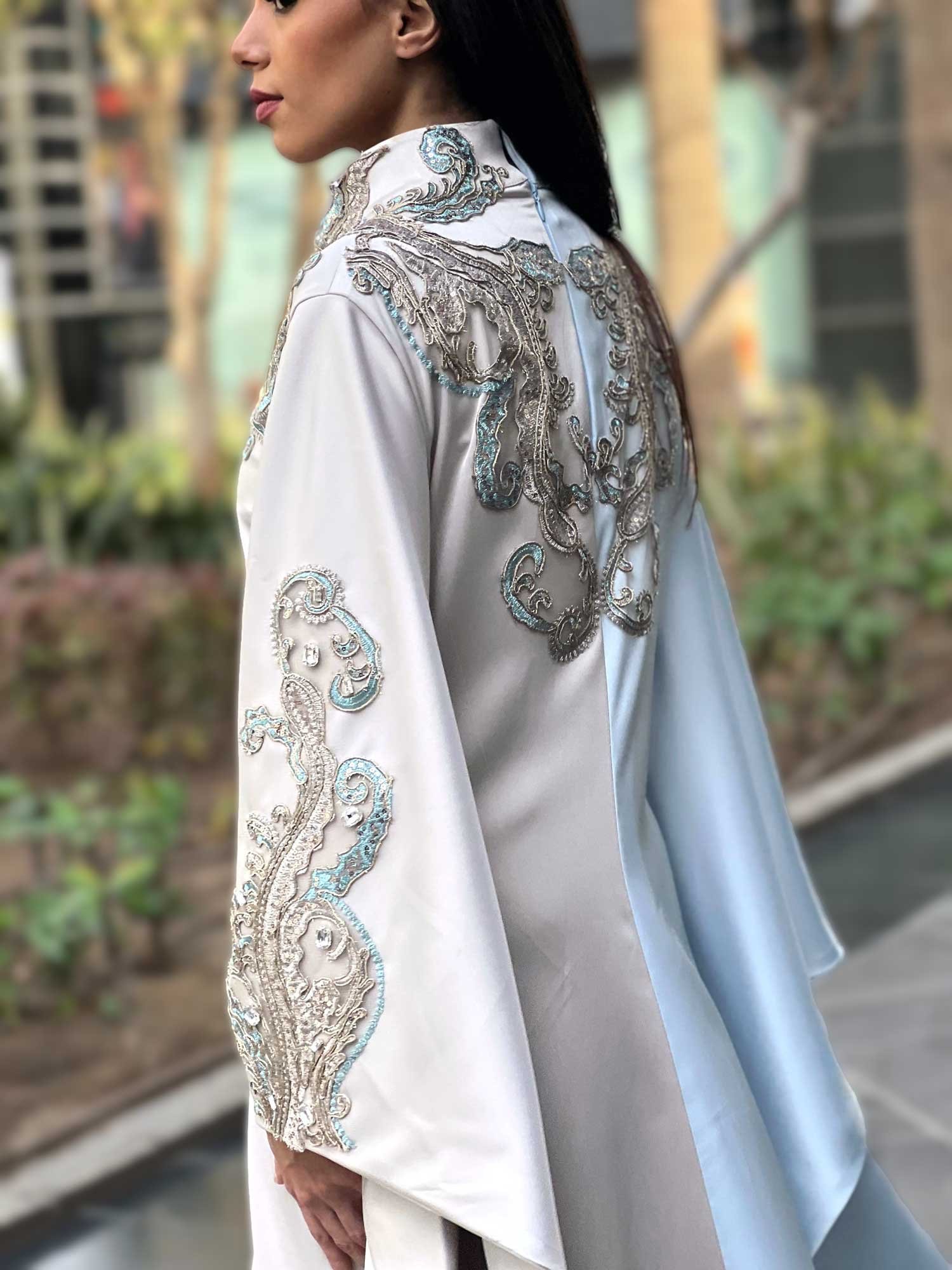 Embroidered Bi-Tone Wide-Sleeved Satin Abaya - Image 3