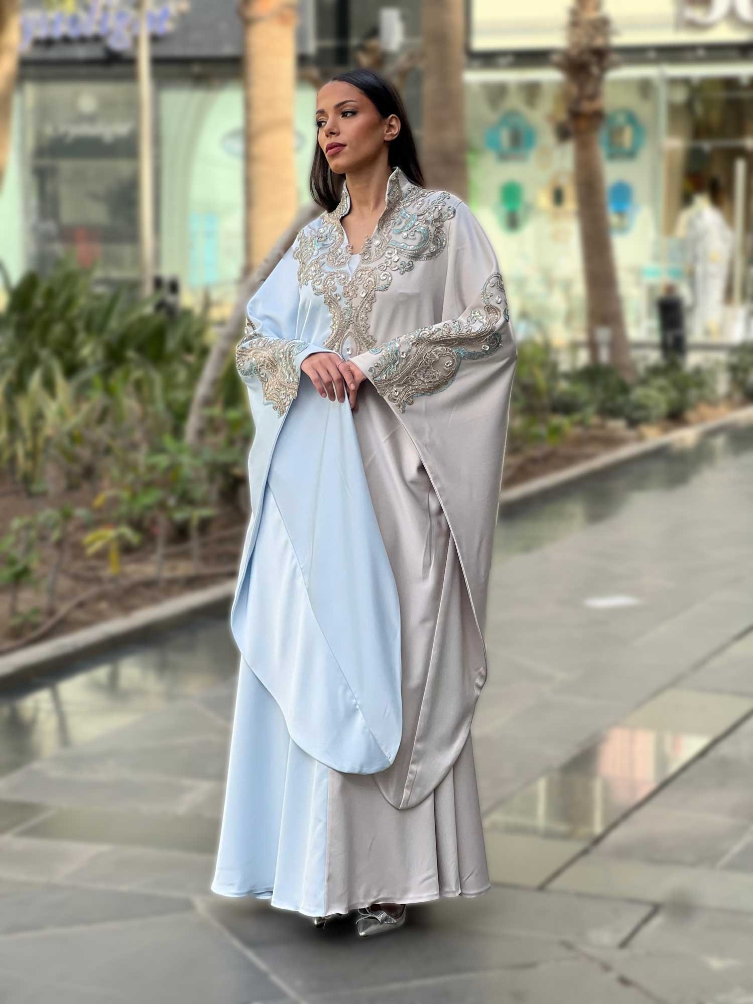 Embroidered Bi-Tone Wide-Sleeved Satin Abaya - Image 4
