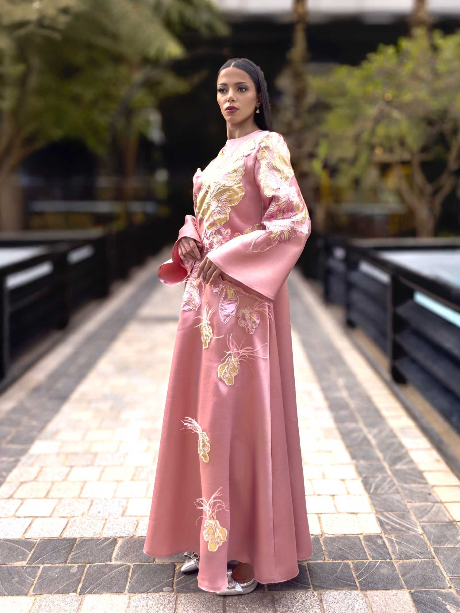 Pink Abaya Embellished with Yellow Flower - Image 2